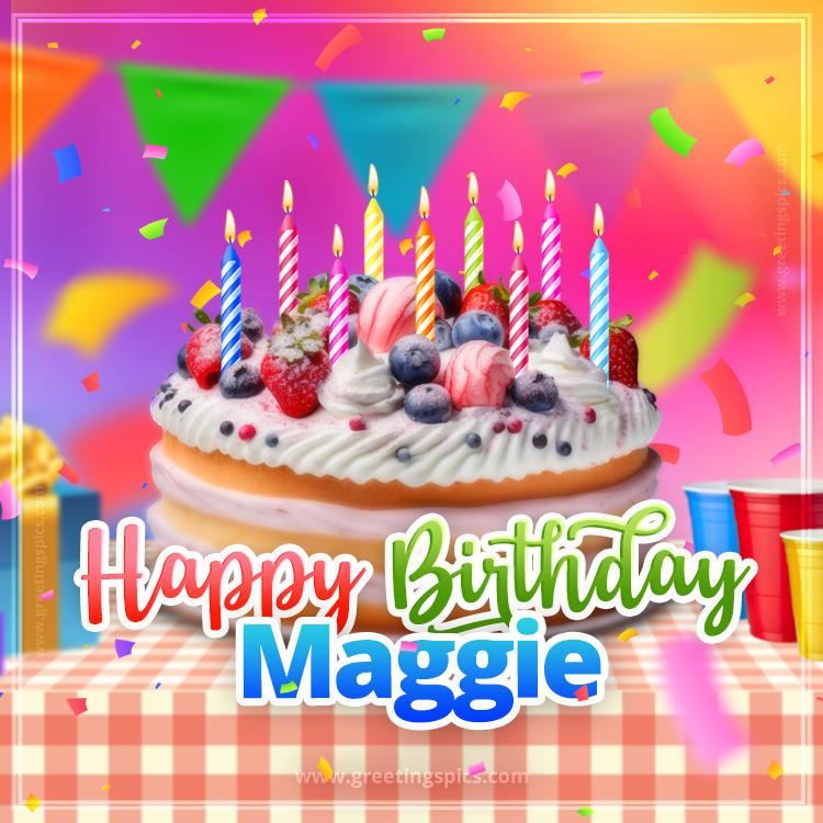 Happy Birthday Maggie Colorful Image with fruit cake and candles (square shape image)