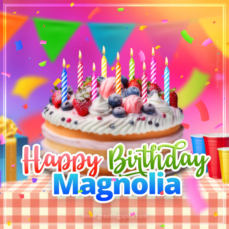 Happy Birthday Magnolia Colorful Image with fruit cake and candles (square shape image)