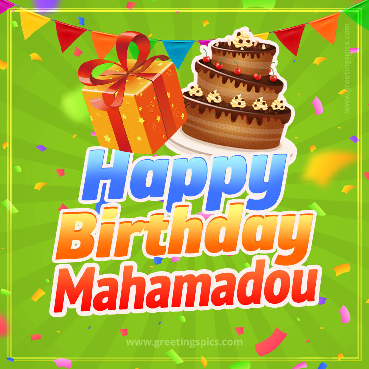 Happy Birthday Mahamadou picture with flags, chocolate cake and gift box (square shape image)