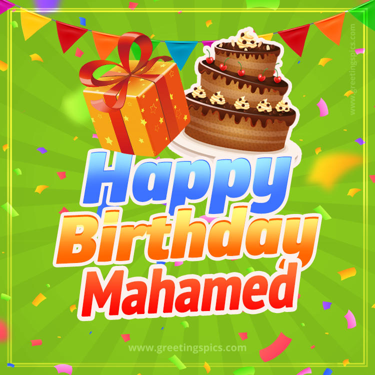 Happy Birthday Mahamed picture with flags, chocolate cake and gift box (square shape image)