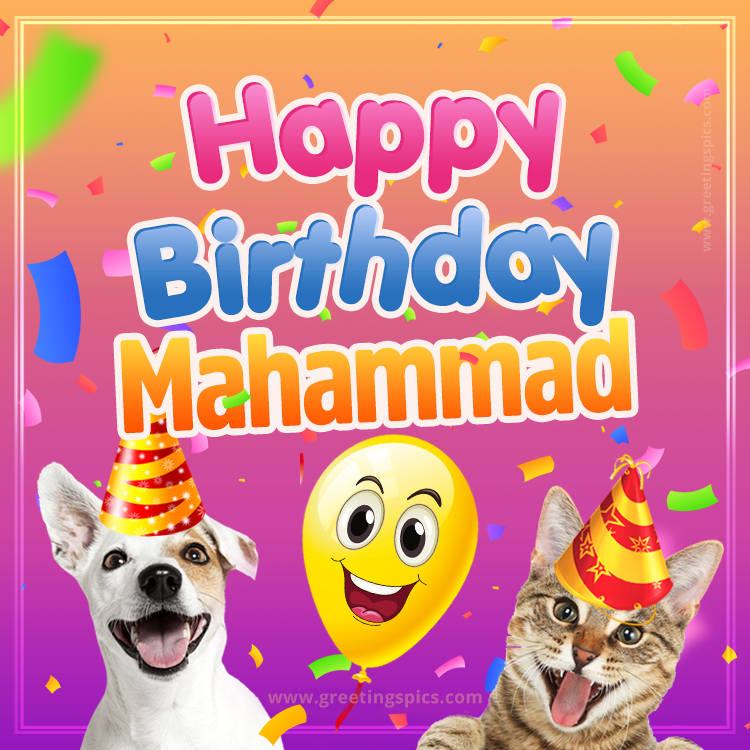 Happy Birthday Mahammad Funny Image with cat and dog (square shape image)