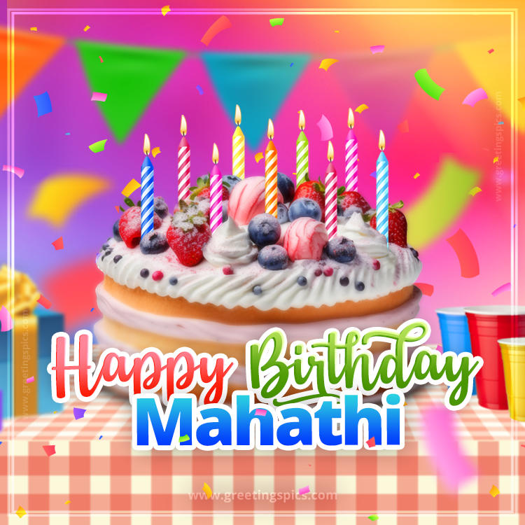 Happy Birthday Mahathi Colorful Image with fruit cake and candles (square shape image)