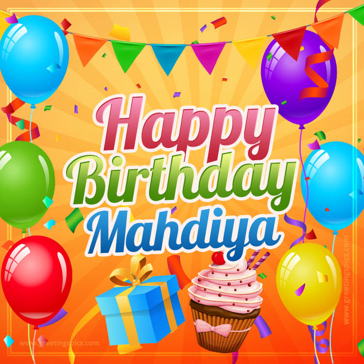 Happy Birthday Mahdiya eCard with gift box and cupcake (square shape image)