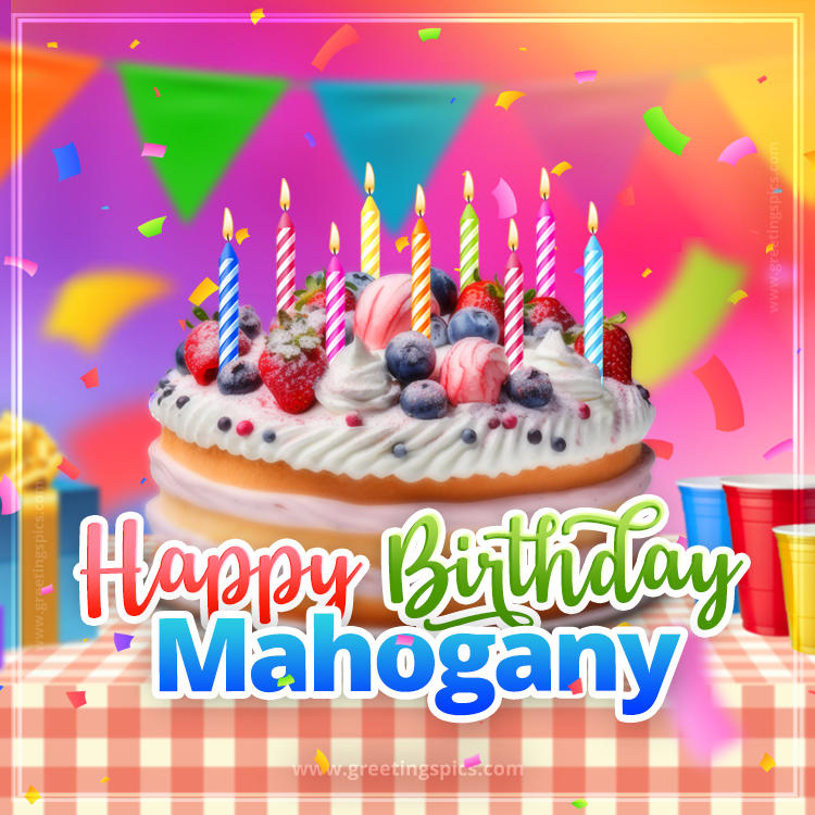 Happy Birthday Mahogany Colorful Image with fruit cake and candles (square shape image)