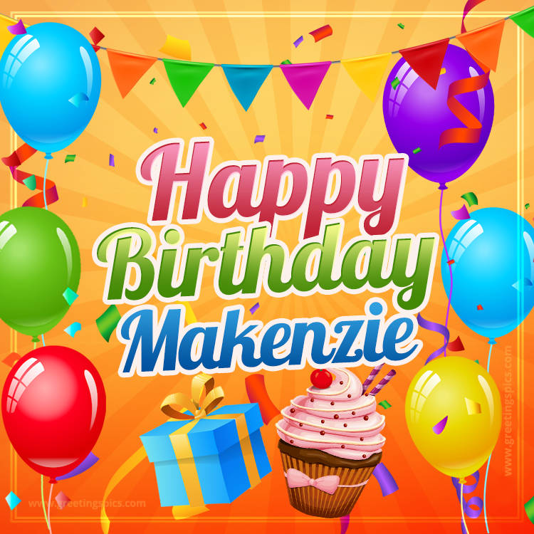 Happy Birthday Makenzie eCard with gift box and cupcake (square shape image)