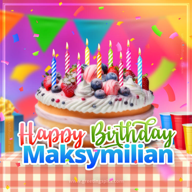 Happy Birthday Maksymilian Colorful Image with fruit cake and candles (square shape image)