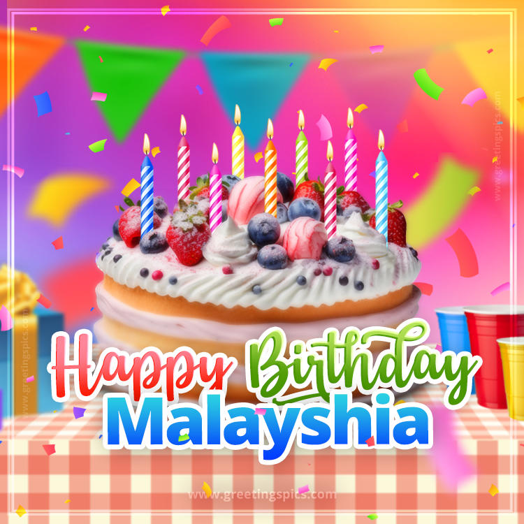 Happy Birthday Malayshia Colorful Image with fruit cake and candles (square shape image)