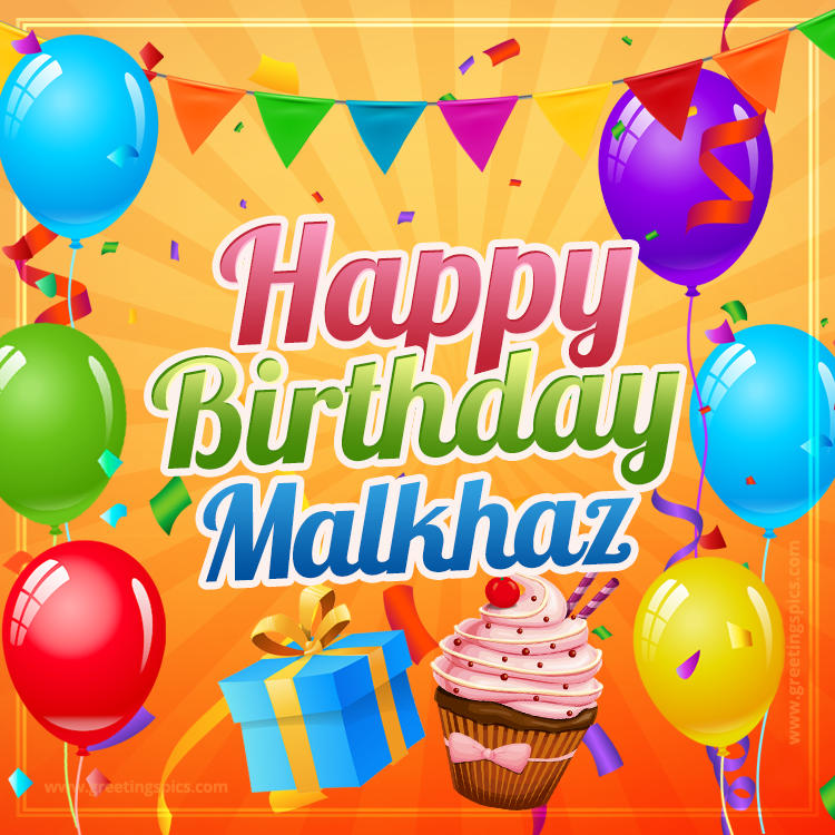 Happy Birthday Malkhaz eCard with gift box and cupcake (square shape image)