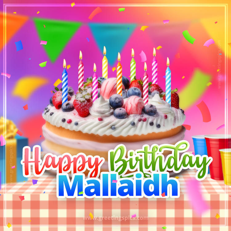 Happy Birthday Mallaidh Colorful Image with fruit cake and candles (square shape image)