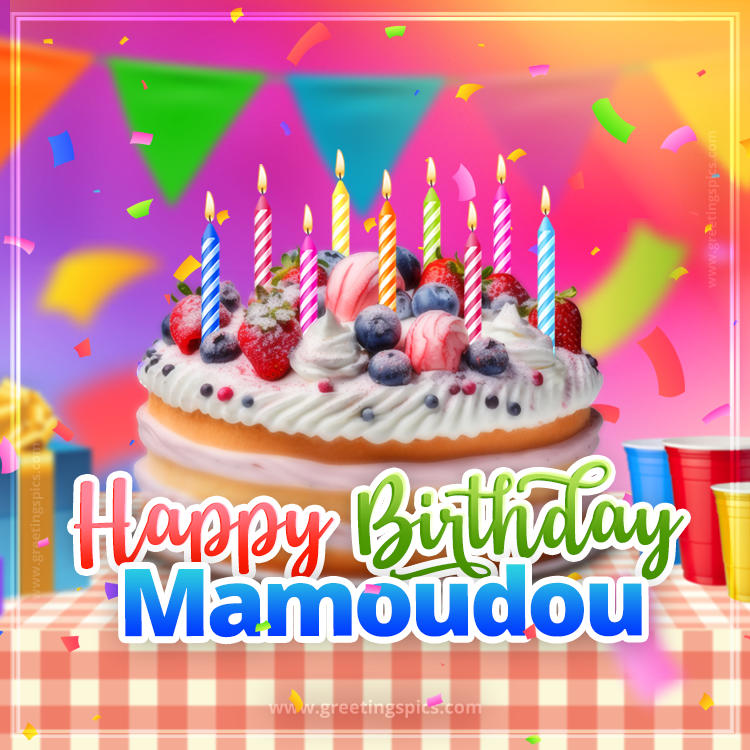 Happy Birthday Mamoudou Colorful Image with fruit cake and candles (square shape image)