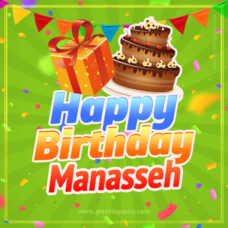 Happy Birthday Manasseh picture with flags, chocolate cake and gift box (square shape image)
