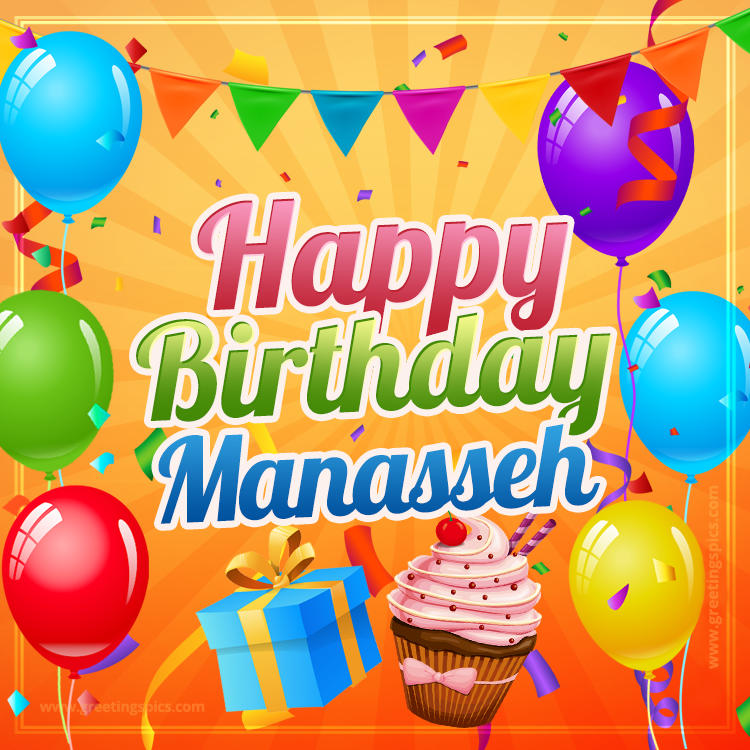 Happy Birthday Manasseh eCard with gift box and cupcake (square shape image)