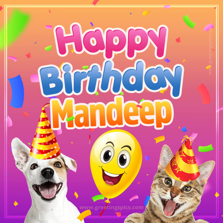 Happy Birthday Mandeep Funny Image with cat and dog (square shape image)