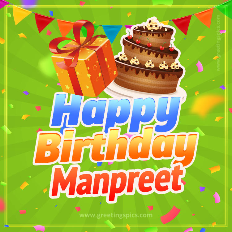 Happy Birthday Manpreet picture with flags, chocolate cake and gift box (square shape image)