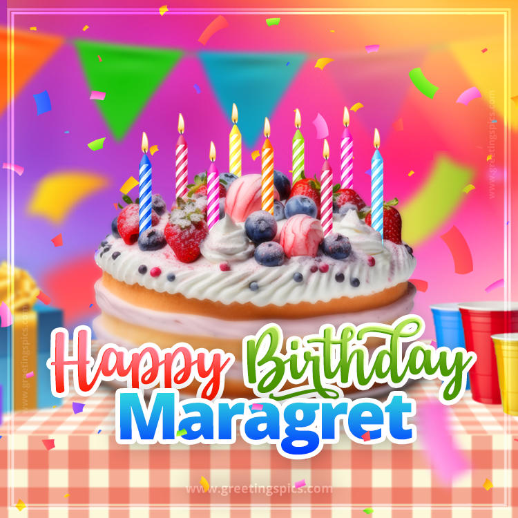 Happy Birthday Maragret Colorful Image with fruit cake and candles (square shape image)