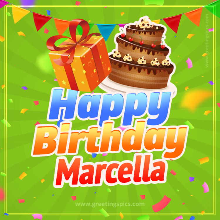 Happy Birthday Marcella picture with flags, chocolate cake and gift box (square shape image)