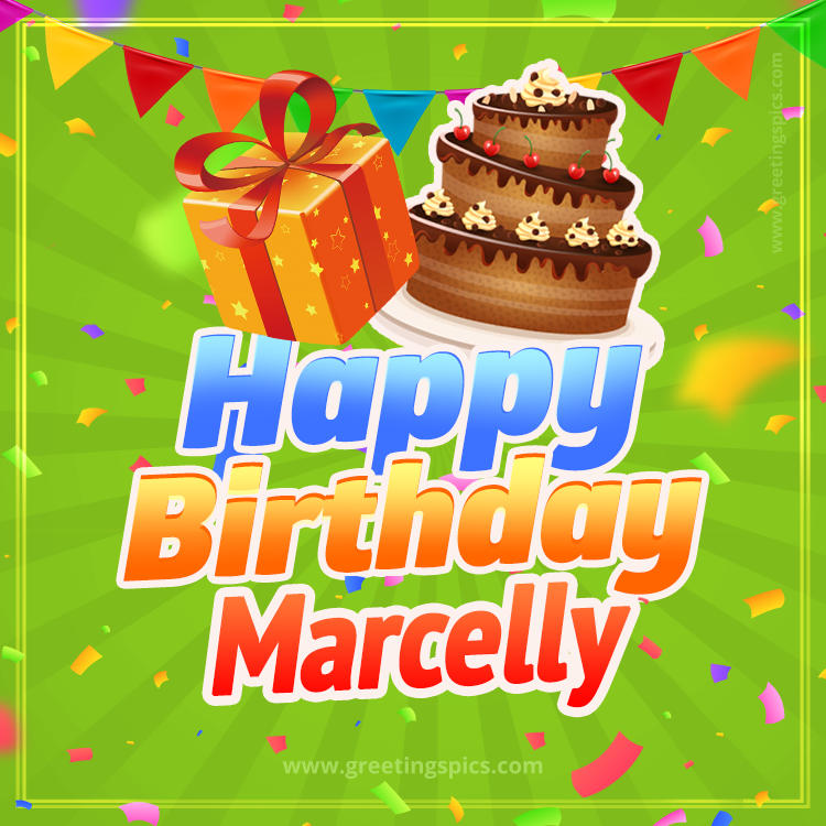 Happy Birthday Marcelly picture with flags, chocolate cake and gift box (square shape image)