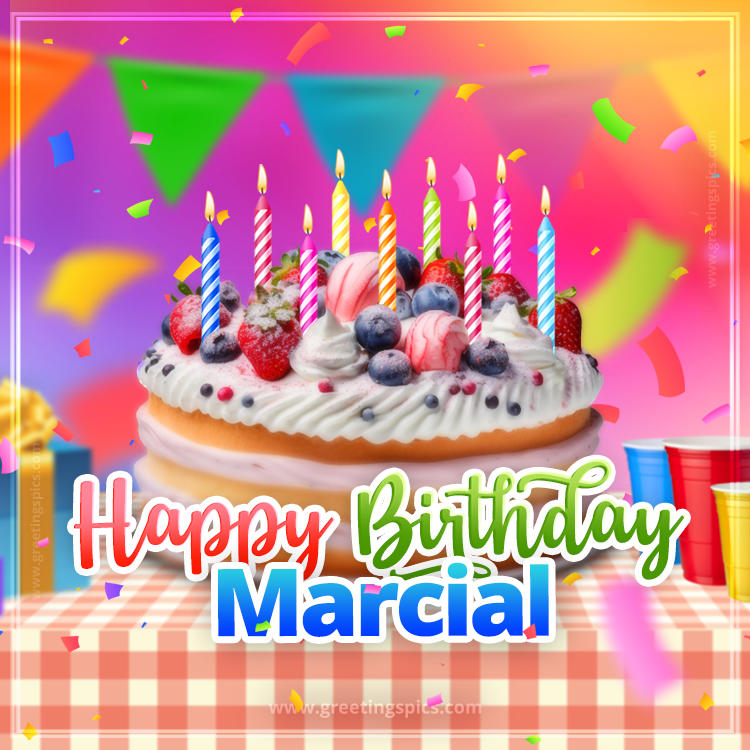 Happy Birthday Marcial Colorful Image with fruit cake and candles (square shape image)