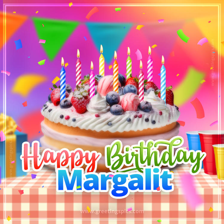 Happy Birthday Margalit Colorful Image with fruit cake and candles (square shape image)