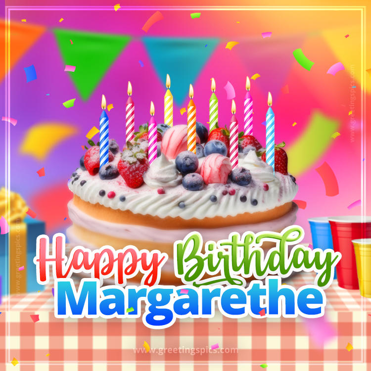 Happy Birthday Margarethe Colorful Image with fruit cake and candles (square shape image)