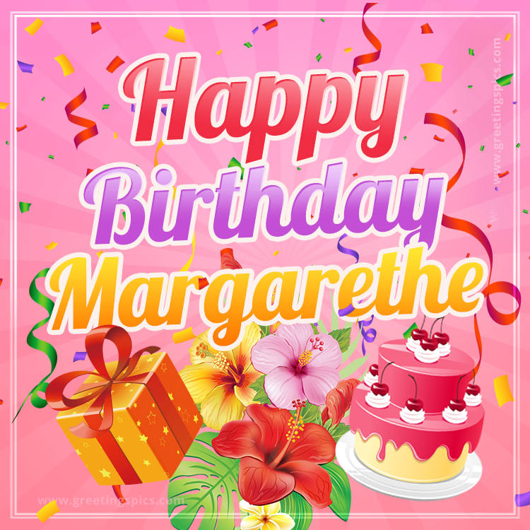 Beautiful Birthday Card for Margarethe with Cake and bouquet of flowers (square shape image)