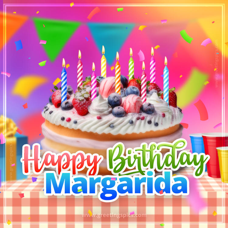 Happy Birthday Margarida Colorful Image with fruit cake and candles (square shape image)