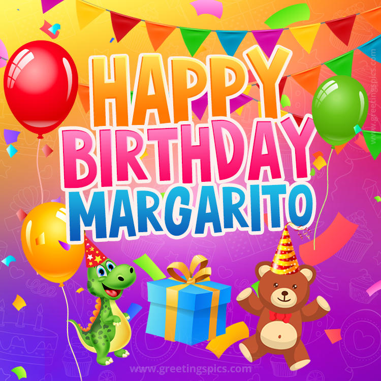 Happy Birthday Margarito Image for a child with cute baby dinosaur and bear (square shape image)