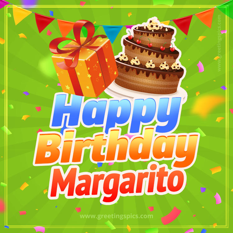 Happy Birthday Margarito picture with flags, chocolate cake and gift box (square shape image)