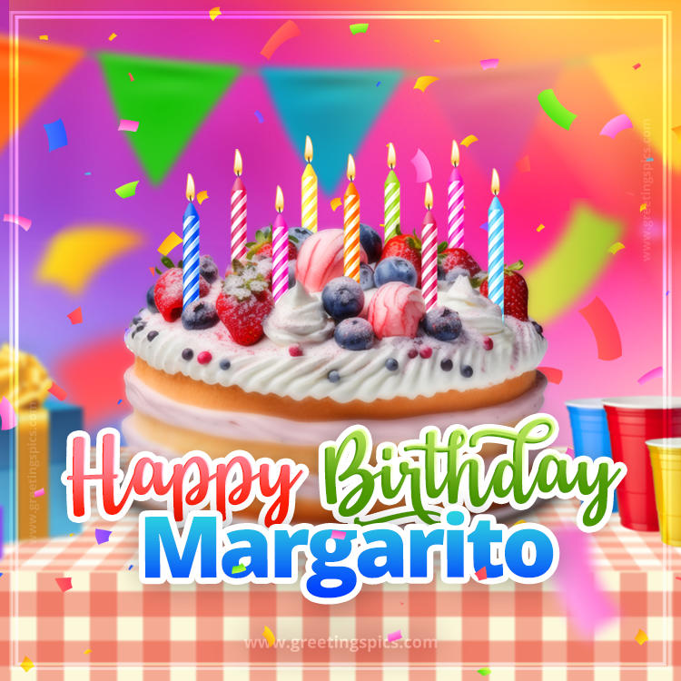 Happy Birthday Margarito Colorful Image with fruit cake and candles (square shape image)