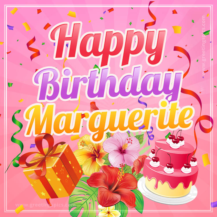 Beautiful Birthday Card for Marguerite with Cake and bouquet of flowers (square shape image)