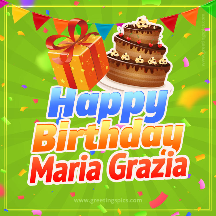 Happy Birthday Maria Grazia picture with flags, chocolate cake and gift box (square shape image)