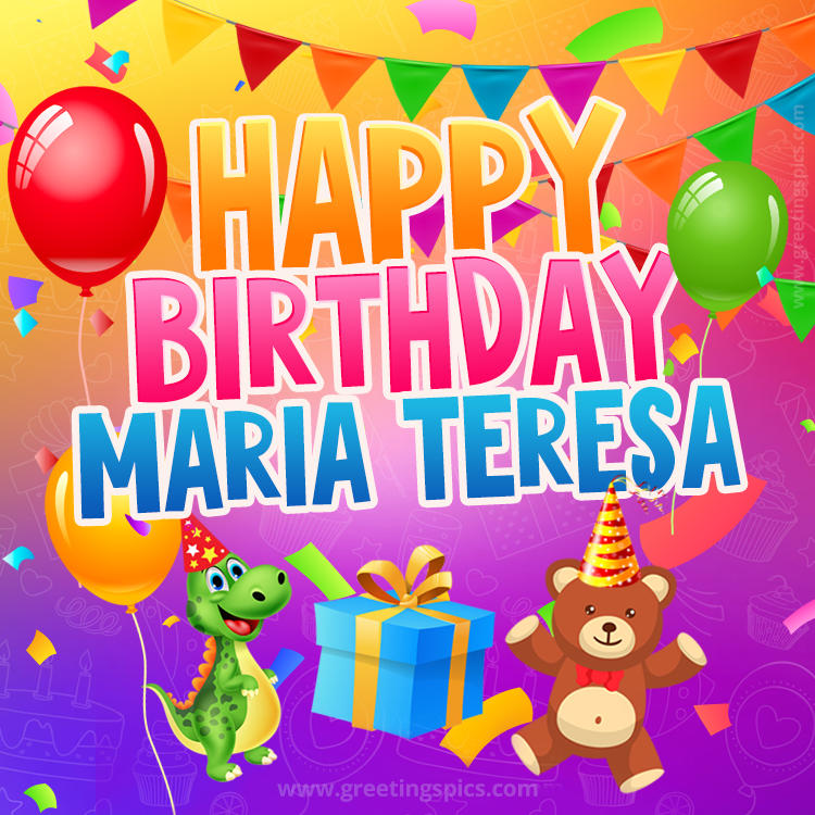 Happy Birthday Maria Teresa Image for a child with cute dinosaur and bear (square shape image)