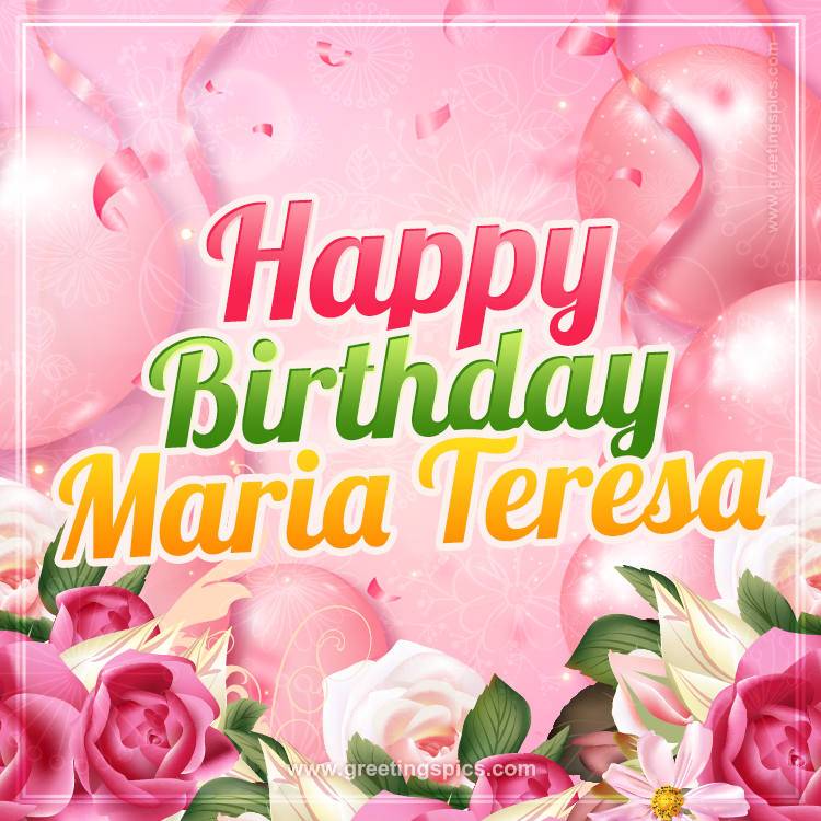 Image with gentle pink background and flowers Happy Birthday Maria Teresa (square shape image)