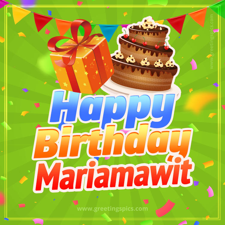 Happy Birthday Mariamawit picture with flags, chocolate cake and gift box (square shape image)