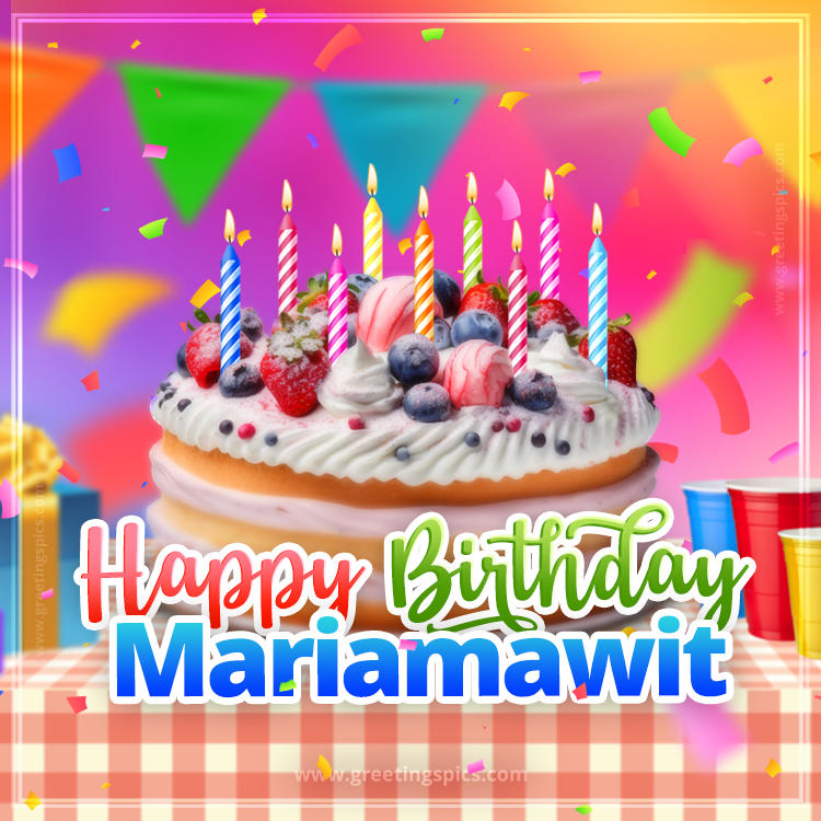 Happy Birthday Mariamawit Colorful Image with fruit cake and candles (square shape image)