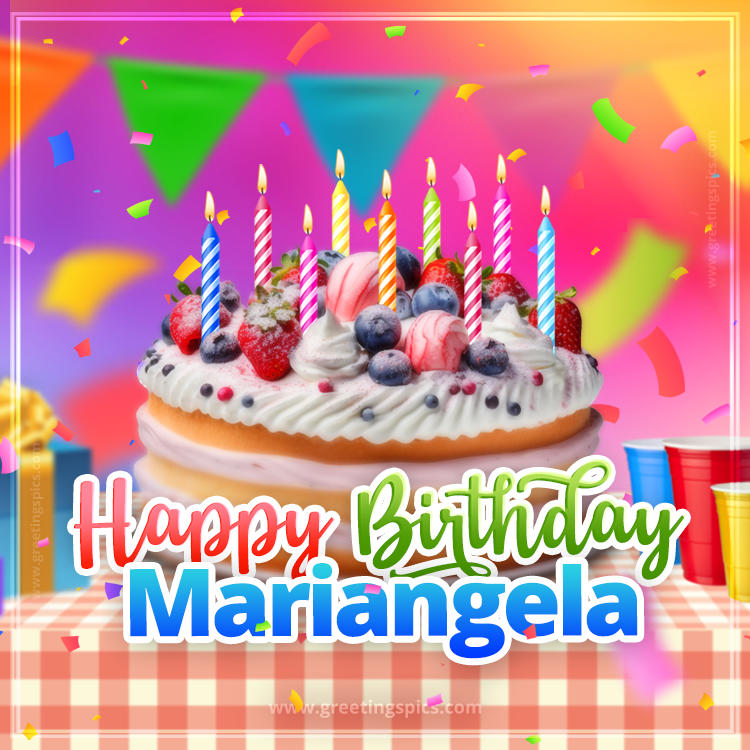 Happy Birthday Mariangela Colorful Image with fruit cake and candles (square shape image)