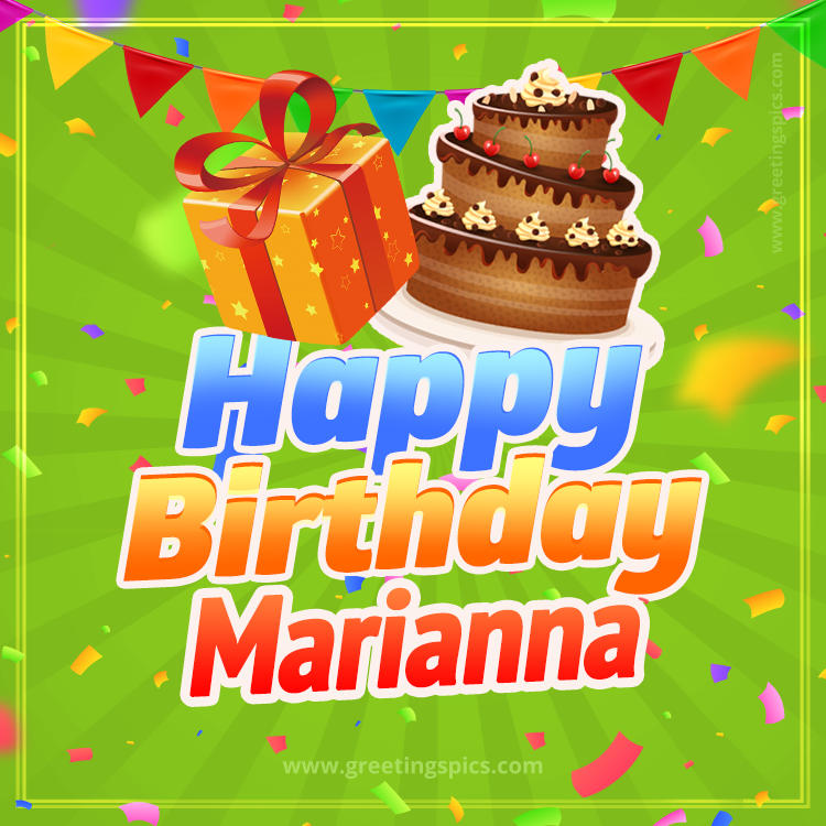 Happy Birthday Marianna picture with flags, chocolate cake and gift box (square shape image)