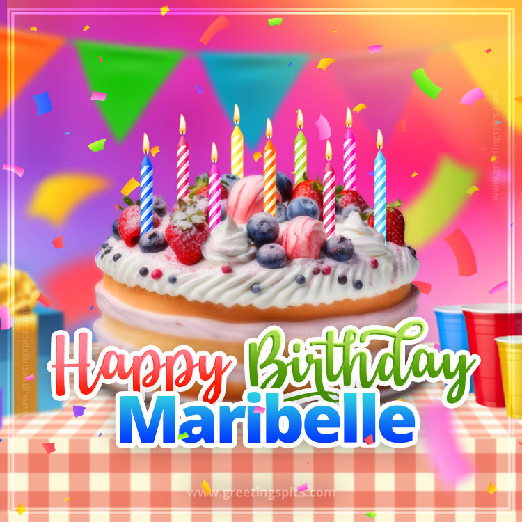 Happy Birthday Maribelle Colorful Image with fruit cake and candles (square shape image)