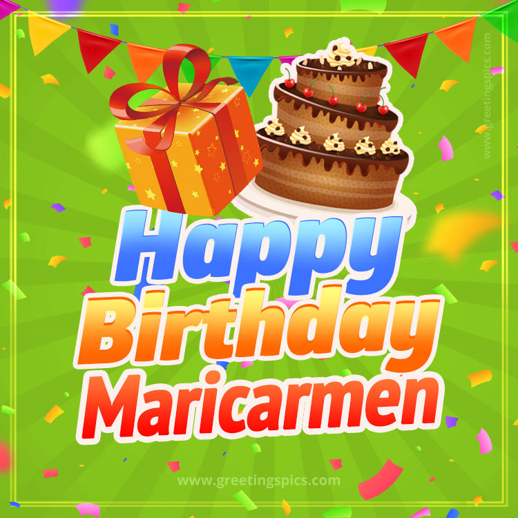 Happy Birthday Maricarmen picture with flags, chocolate cake and gift box (square shape image)