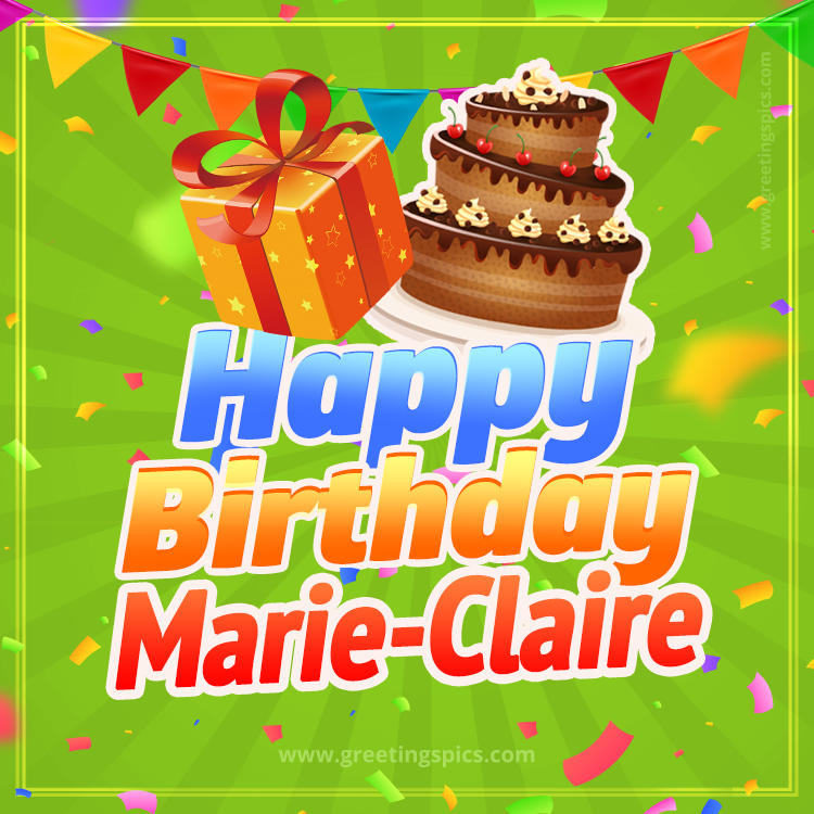 Happy Birthday Marie-Claire picture with flags, chocolate cake and gift box (square shape image)