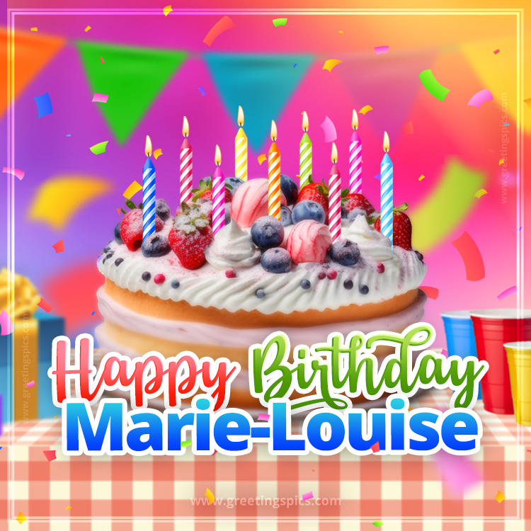 Happy Birthday Marie-Louise Colorful Image with fruit cake and candles (square shape image)