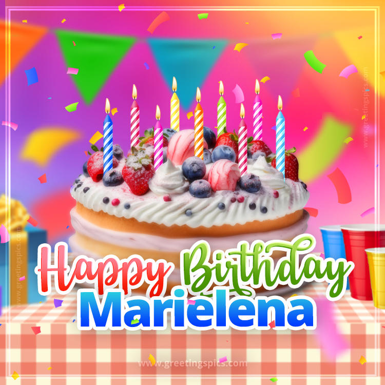 Happy Birthday Marielena Colorful Image with fruit cake and candles (square shape image)