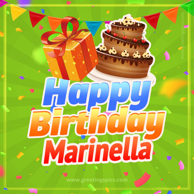 Happy Birthday Marinella picture with flags, chocolate cake and gift box (square shape image)