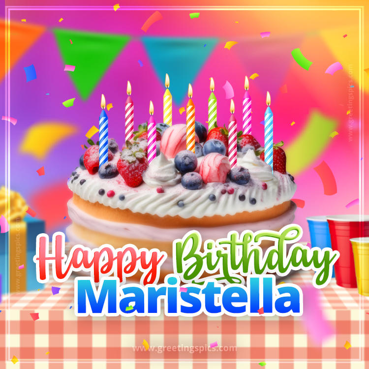 Happy Birthday Maristella Colorful Image with fruit cake and candles (square shape image)