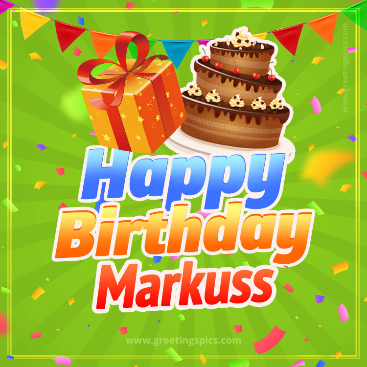 Happy Birthday Markuss picture with flags, chocolate cake and gift box (square shape image)