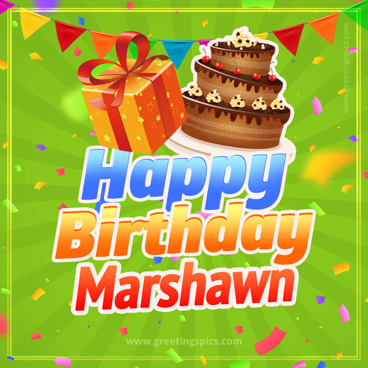 Happy Birthday Marshawn picture with flags, chocolate cake and gift box (square shape image)