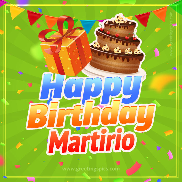 Happy Birthday Martirio picture with flags, chocolate cake and gift box (square shape image)