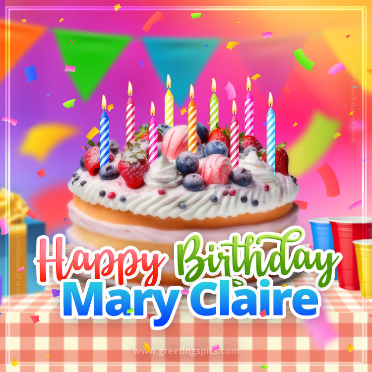 Happy Birthday Mary Claire Colorful Image with fruit cake and candles (square shape image)