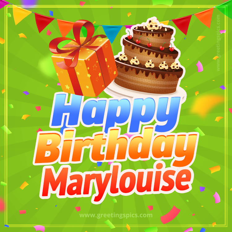 Happy Birthday Marylouise picture with flags, chocolate cake and gift box (square shape image)