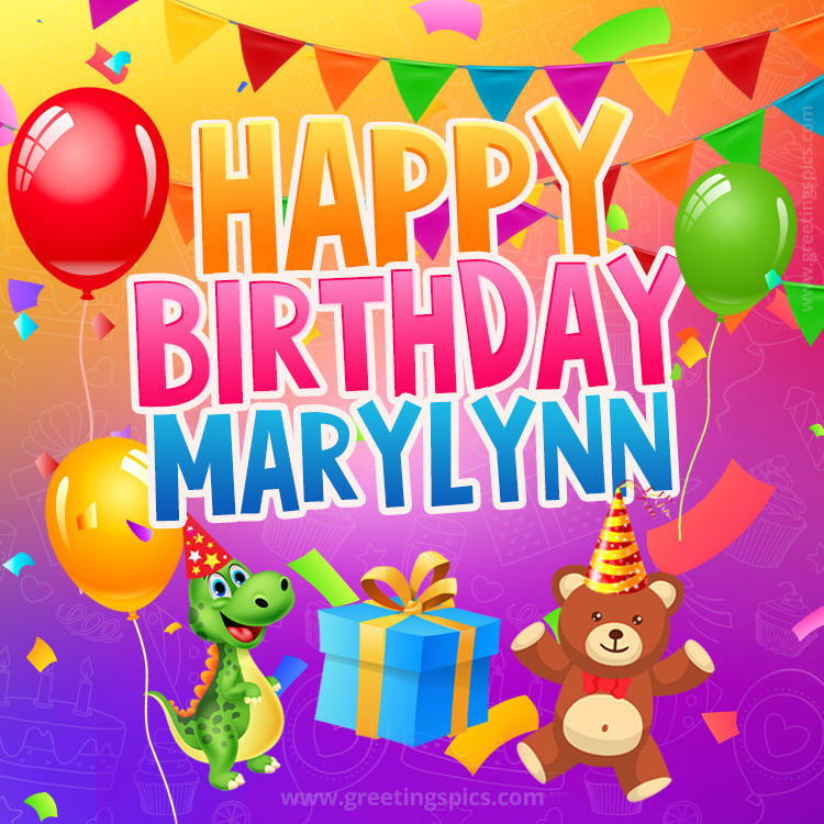 Happy Birthday Marylynn Image for a child with cute dinosaur and bear (square shape image)